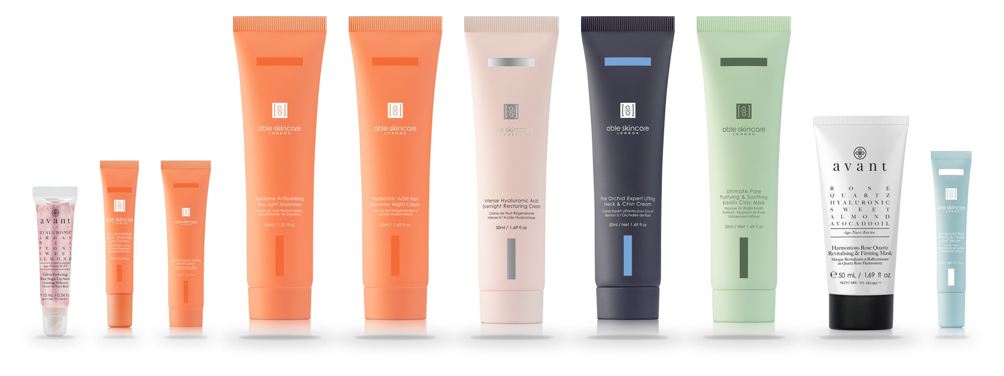 Alle 10 producten uit de JouwBox by Able Skincare op een rij: Able Skincare en Avant